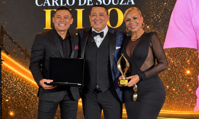 Gil Santos, CEO e idealizador da premiação, ladeado por Jean Carlo de Souza e Rogéria Seta Souza